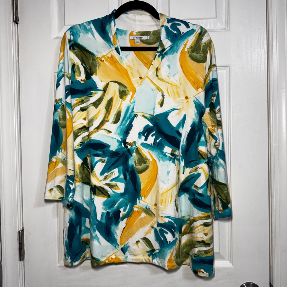 Chicos Tunic Top Touch of Cool Stretchy Colorful Womens Top Blouse XL 3/4 Sleeve